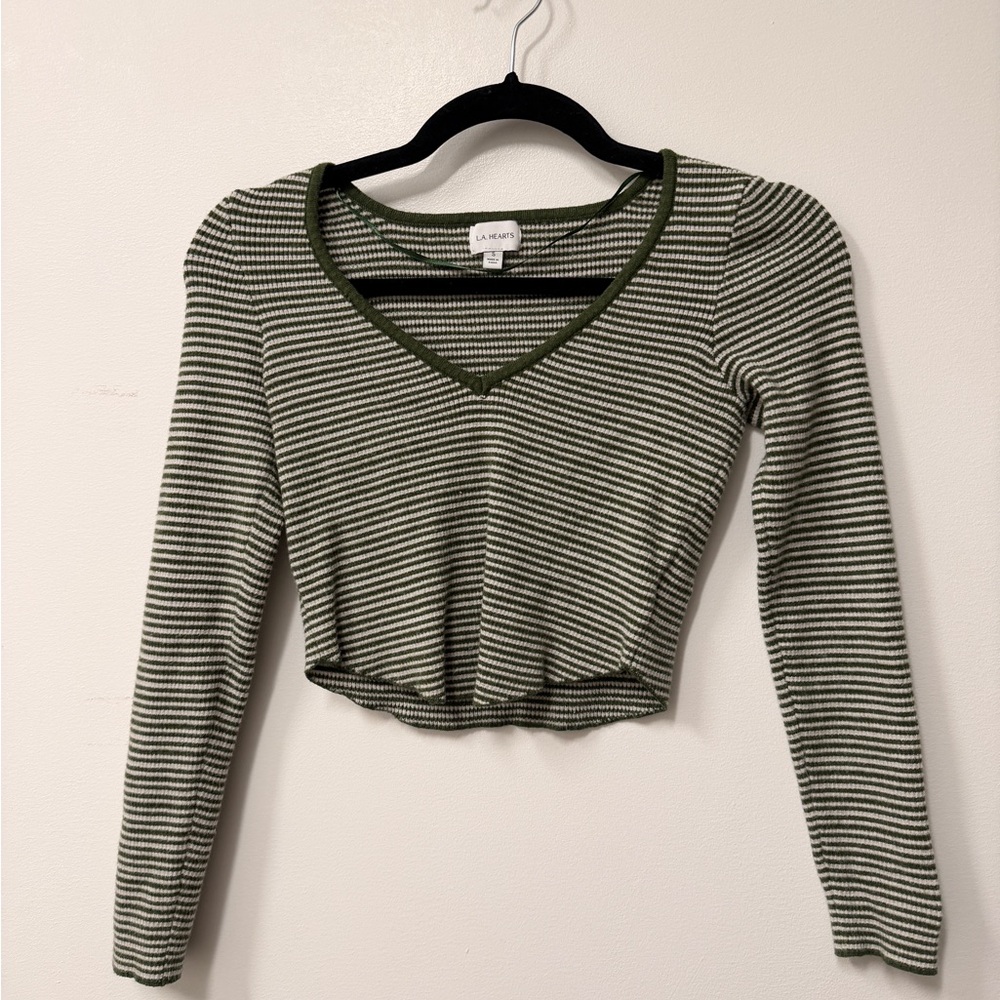 La Hearts Green and White Striped Long Sleeve Top